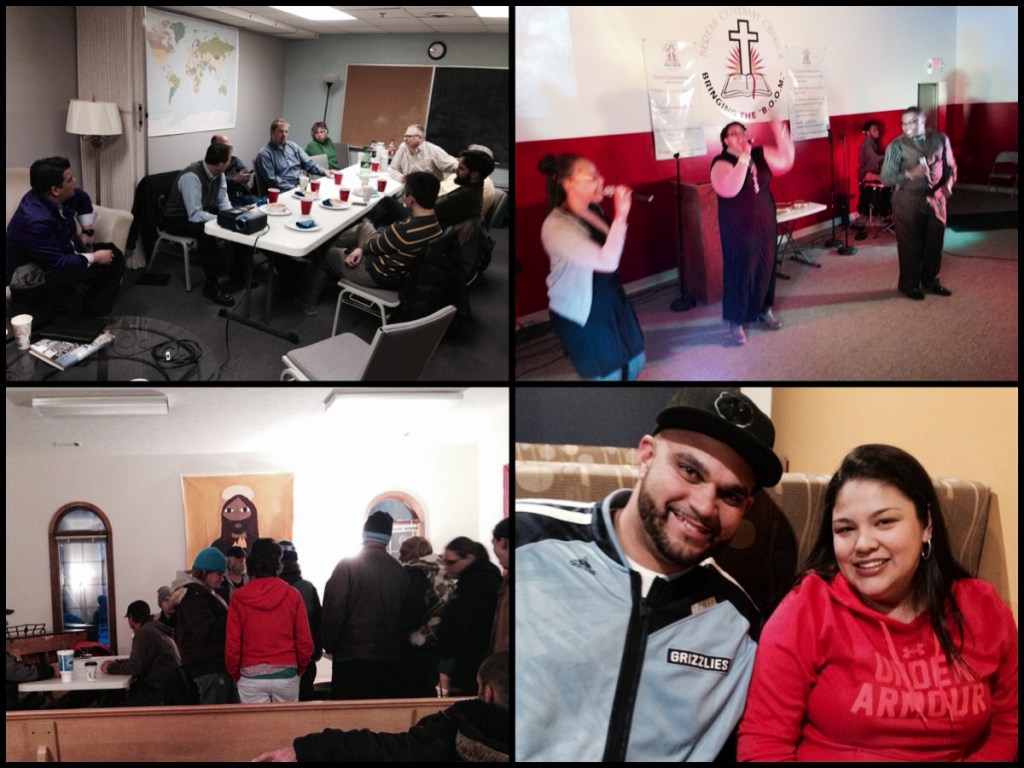 Clockwise from top left: pastors' lunch in Indianapolis; Sunday worship in Champaign; dinner with potential church planters in Marion; warming center in Bloomington.